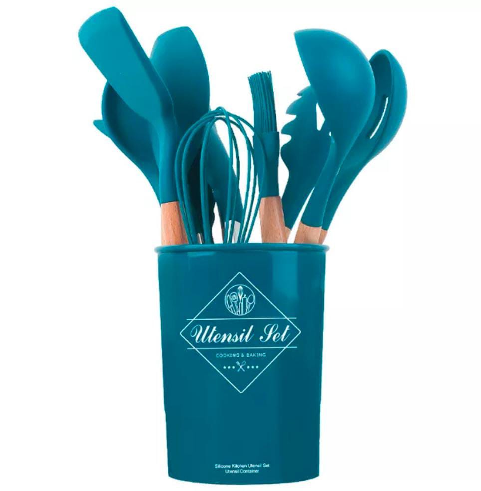 12 pcs set Wooden Handle Silicone Kitchen Utensils With Storage Bucket High Temperature Resistant And Non Stick Pot Spatula Spoon (random color)
