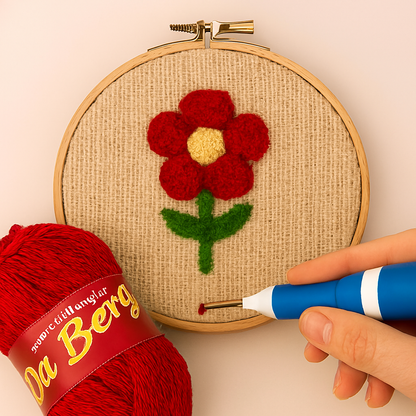 3D Embroidery Punch Needle Kit with 10 Inch Wooden Hoop, Jute Cloth (20x36 inch), Thread, Scissors & Tools – Complete Handcraft Embroidery Set (Maroon Yarn)