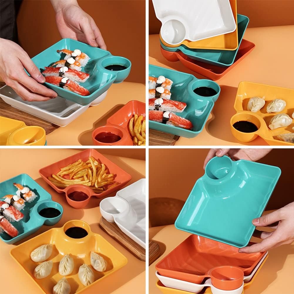 4 Pcs Snack Plate Set | Clear Plastic Dinner Plates, Condiment Containers & Serving Trays