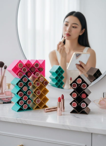 Plastic 10 Grid Lipstick Organizer with Storage Box – Makeup Holder for Lipsticks & Cosmetics - With Box