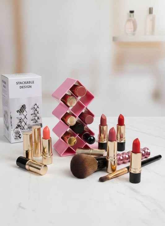Plastic 10 Grid Lipstick Organizer with Storage Box – Makeup Holder for Lipsticks & Cosmetics - With Box