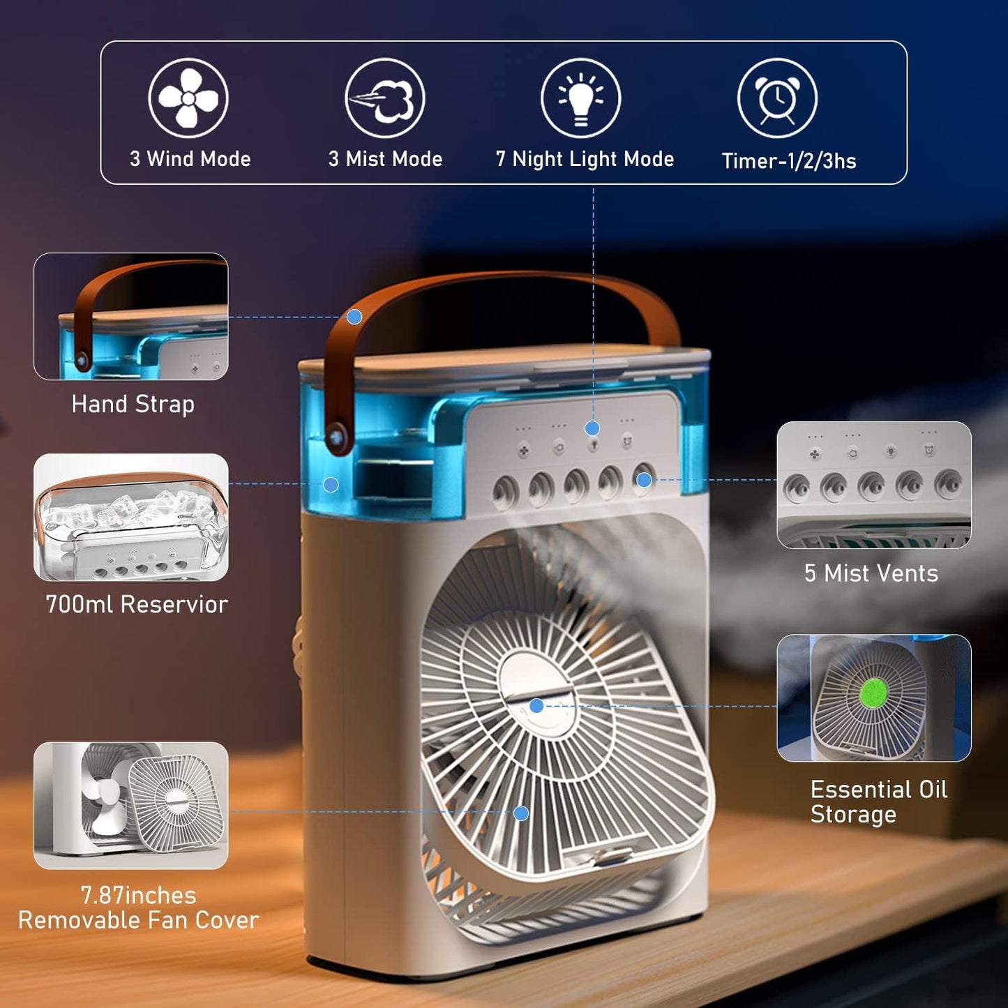Portable Air Conditioner Fan USB Electric Fan with LED Night Light, Fine Mist Water, and Humidifier Function | Led Night Light Water Mist - 10 inch Big Size