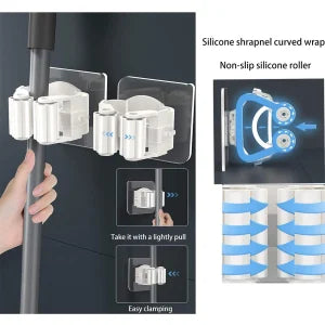 Pack of 3 Mop and Broom Self Adhesive Holder Wall Mount Magic Hanger Organizer Cleaning Tools Storage Mop Rack